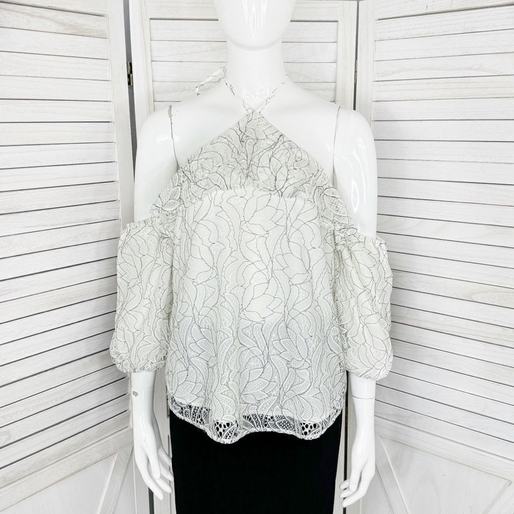 Beau Tissu Lace Cold Shoulder Puff Sleeve Halter Blouse White Black Small